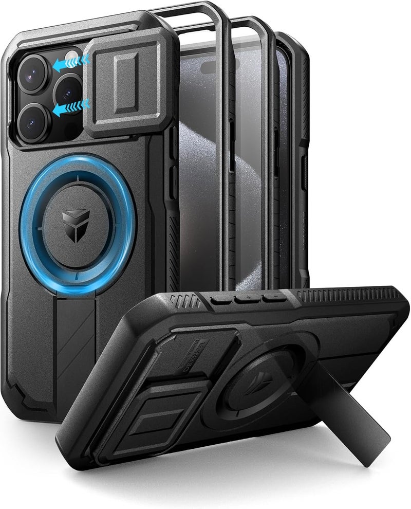 Dexnor for iPhone 15 Pro Case with Slide Camera Cover & Adjustable Kickstand & Built-in Screen Protector, Magnetic Rugged Shockproof Bumper Cases Heavy-Duty Magnetic Protective Cover,Black - Image 1